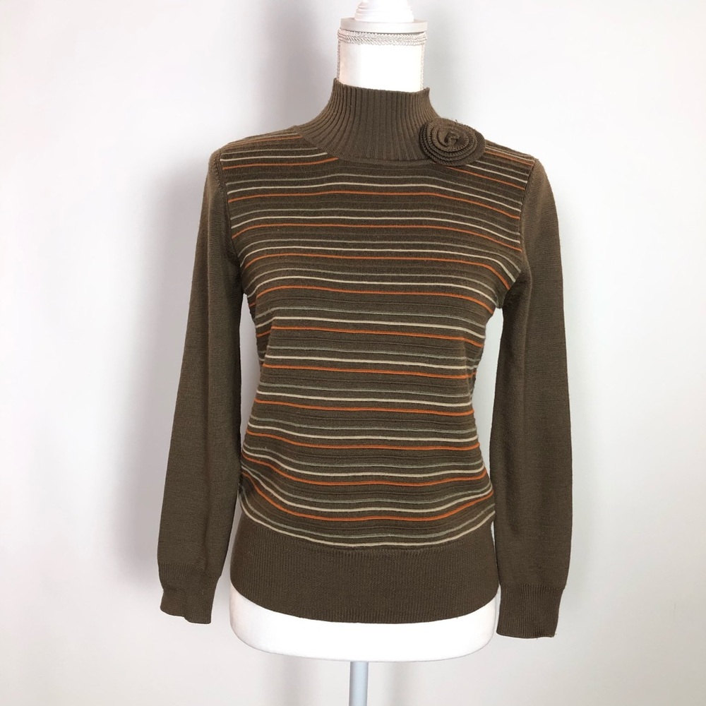 RSVP brown striped mock turtleneck with flower